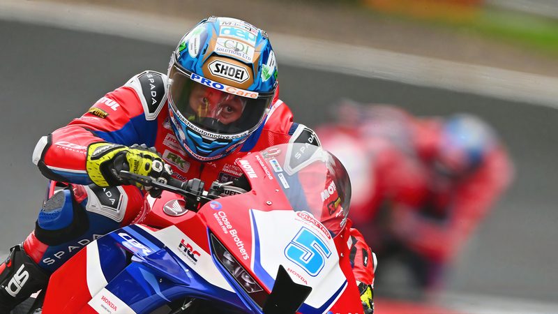 Road racing: Dean Harrison on the red, white and blue No. 5 Honda, Brands Hatch 2025