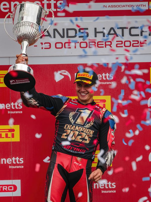 Podium: Kyle Ryde lifts the trophy under falling confetti, Brands Hatch 2025