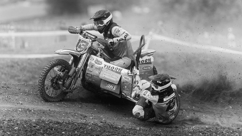 Sidecar motocross: black and white image of Hodges on the No. 13 outfit, Wakes Colne 2024
