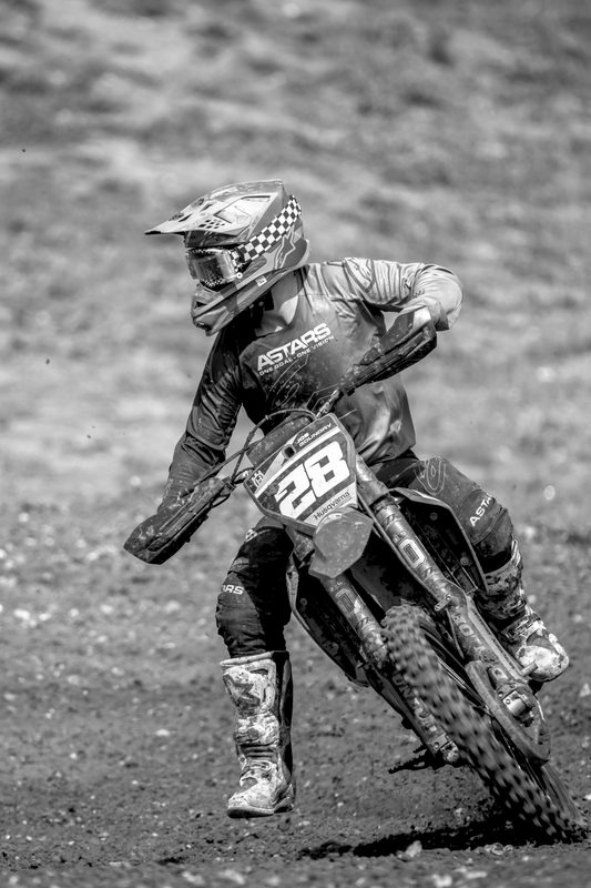 Motocross: black and white image of the No. 28 rider, Wakes Colne